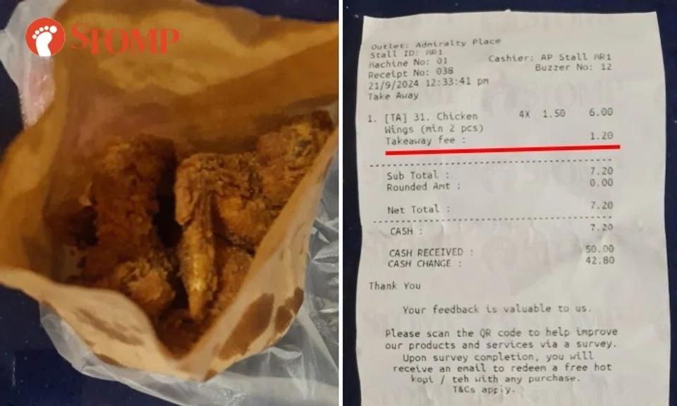 Stomper PKJ shared a photo of the receipt, which showed a total of $7.20 for four wings, inclusive of the takeaway fee.