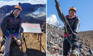 Mr Andyn Kadir, 41, posing atop Mount Raung in East Java (left) and preparing to scale Ama Dablam in Nepal.