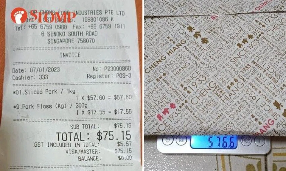 Stomper: "The receipt stated 1kg, but the actual weight was only 500g plus. My parents were charged $57.60 for 1kg."