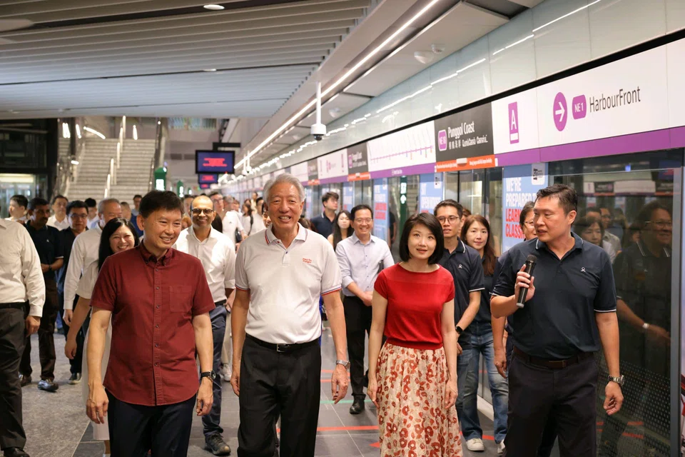(From left) Transport Minister Chee Hong Tat, Senior Minister Teo Chee Hean, an MP for Pasir Ris-Punggol GRC, and Minister of State and MP for Punggol West Sun Xueling, touring Punggol Coast MRT station at its opening on Dec 10, 2024.