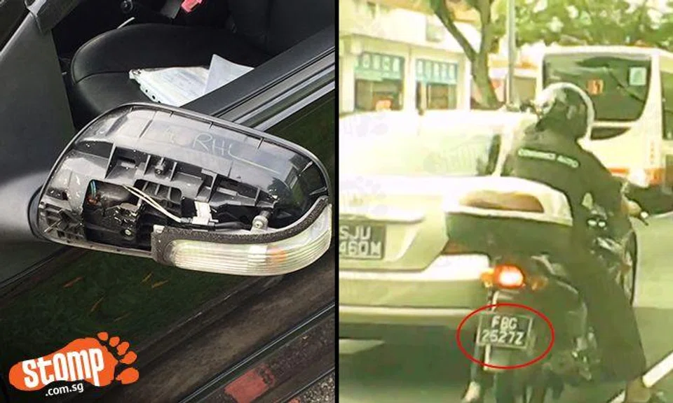 Motorcyclist knocks into Stomper's car and damages side mirror -- then speeds off immediately in hit-and-run case