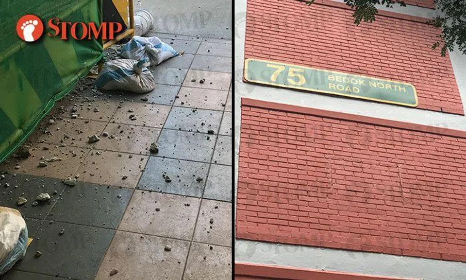 Construction work at Blk 75 Bedok North Rd sends debris falling onto void deck