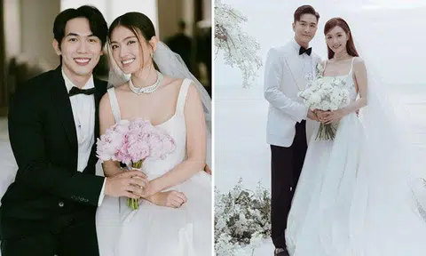 Nick Teo and Hong Ling (left) and Kenneth Ma and Roxanne Tong were among couples in the entertainment industry who held their weddings in the past week. PHOTOS: THE_CELEBRITYAGENCY/INSTAGRAM, KENNETHMKM/INSTAGRAM