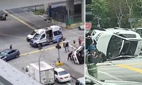 2 car drivers and 7 passengers, aged 4 to 77, taken to hospital after car flips on side in accident