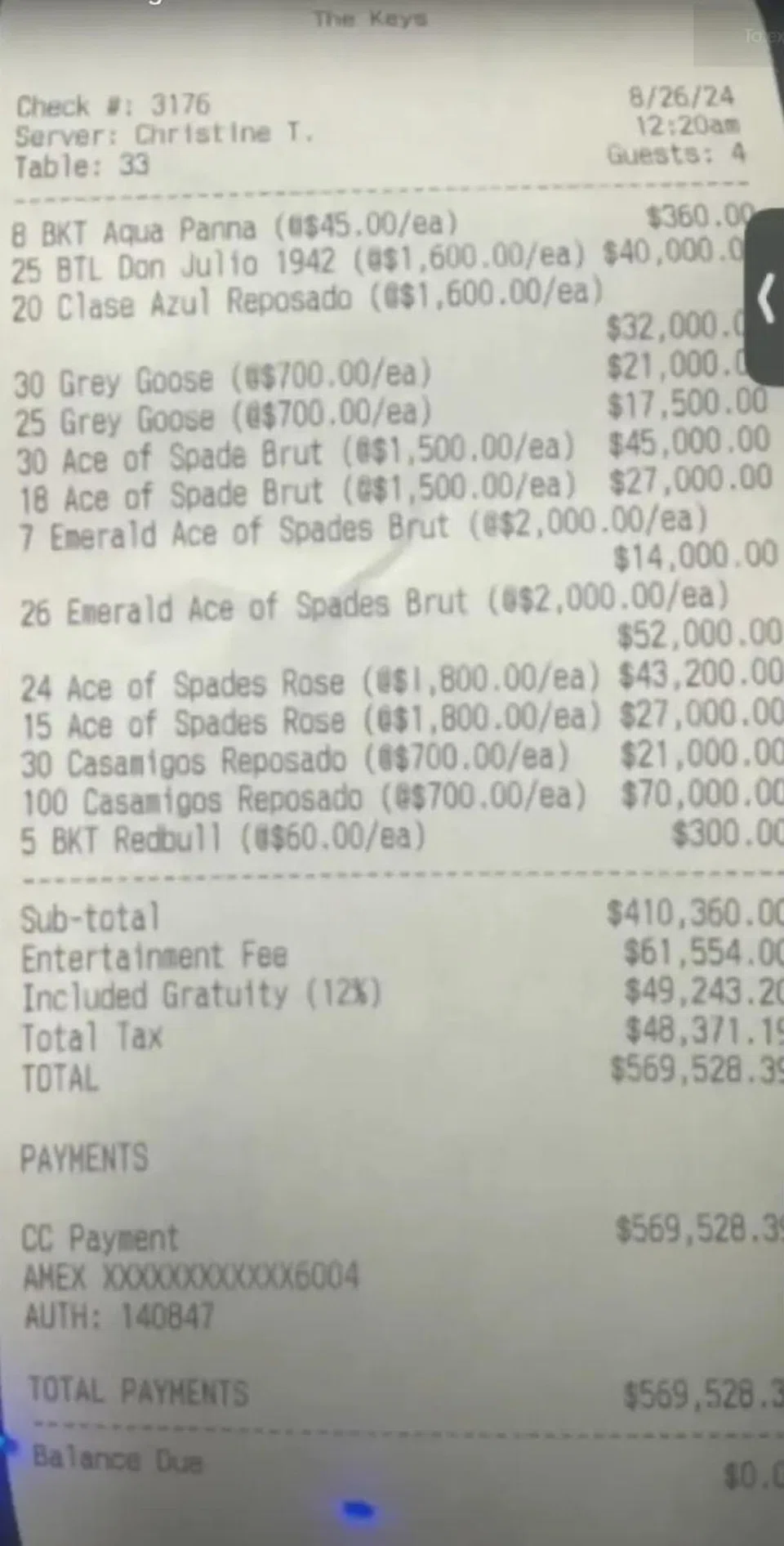 A receipt on social media from one of Malone Lam's spending sprees.