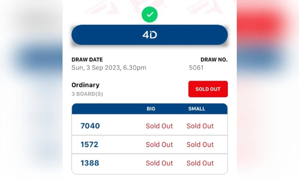 Those three numbers – 1572, 7040  and 1388 – were sold out for both Saturday's and Sunday's 4D draws.