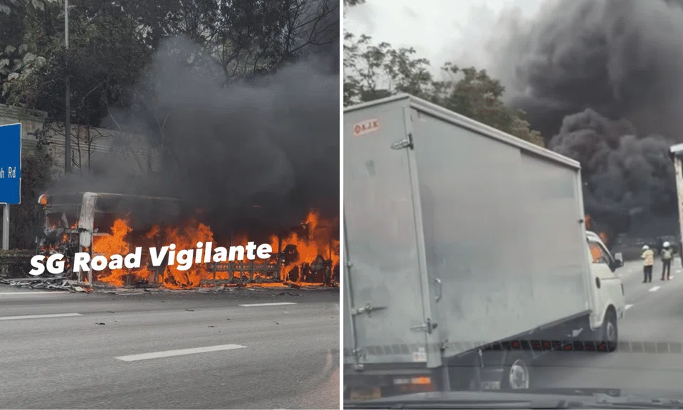 Plumes of dark smoke were spotted billowing from the SBS Transit bus. 