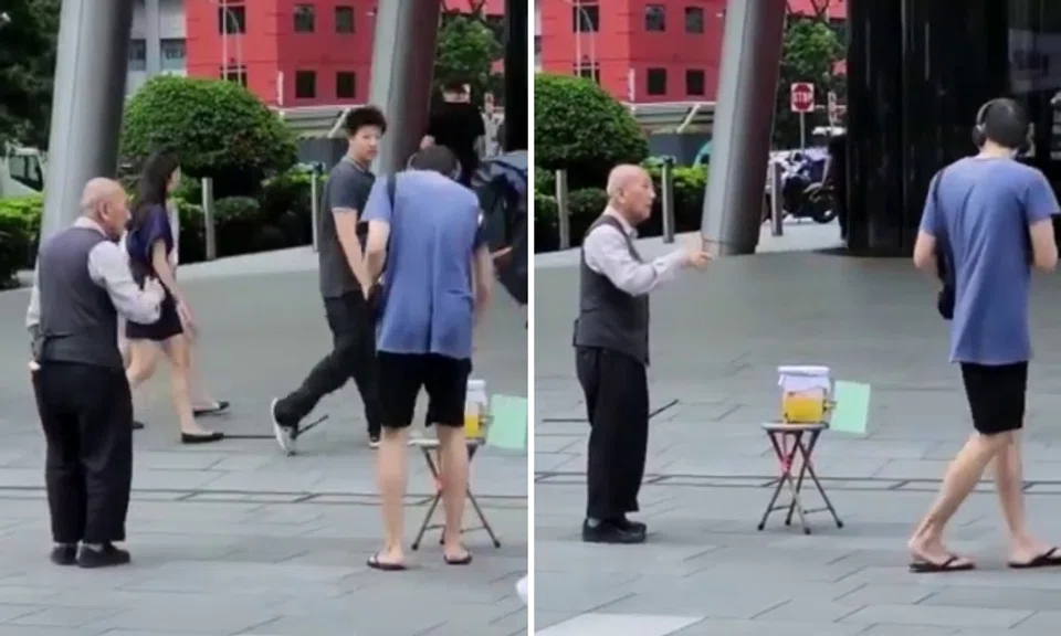 An elderly busker was apparently robbed by a passer-by outside Mandarin Gallery near Victoria's Secret at Orchard Road.