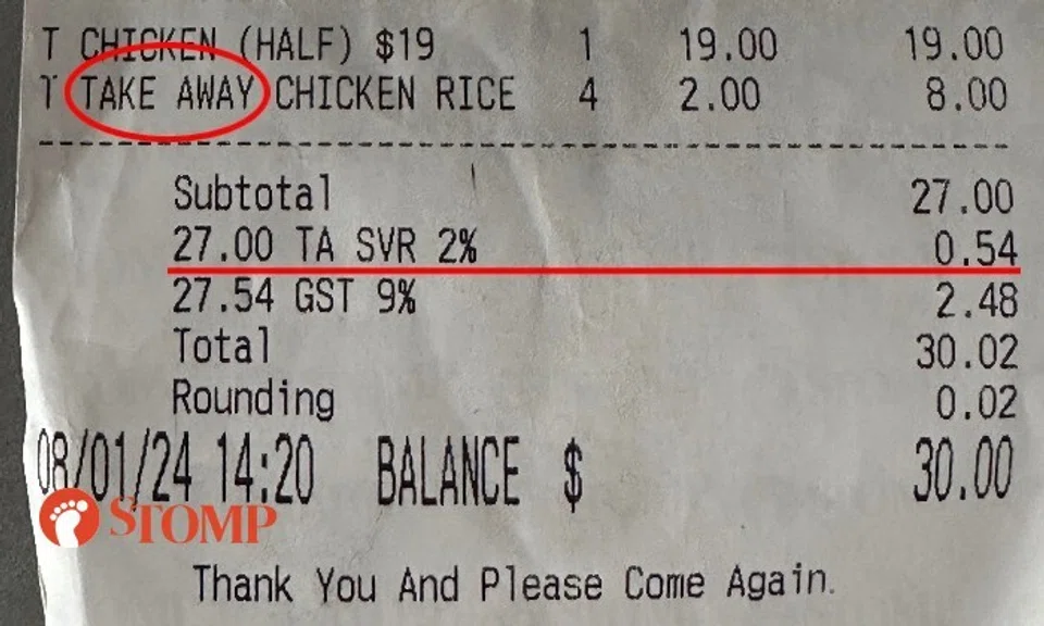 A photo of the receipt showed that the table number was 60 and the service charge was 54 cents for $27 worth of food.
