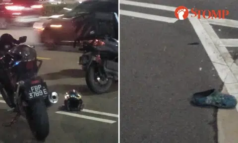 2 motorcyclists in accident near Bukit Timah Plaza, helmet and Crocs strewn on road