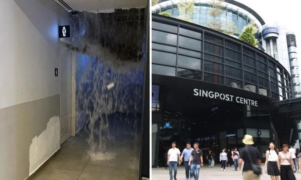 A girl was trapped inside a toilet after a burst pipe released a 'waterfall' at SingPost Centre. PHOTOS: XIAOHONGSHU/ASHLEY, LIANHE ZAOBAO