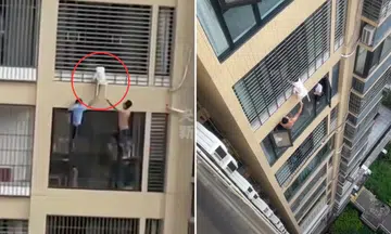 3 year old trapped in window grille, body dangles outside building