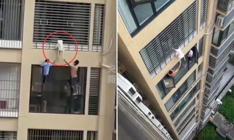 3 year old trapped in window grille, body dangles outside building