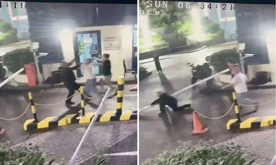 Two men are seen in video footage attacking security supervisor Suraskumar at City Square Residences early on Sunday morning. PHOTOS: SECURITY ASSOCIATION SINGAPORE