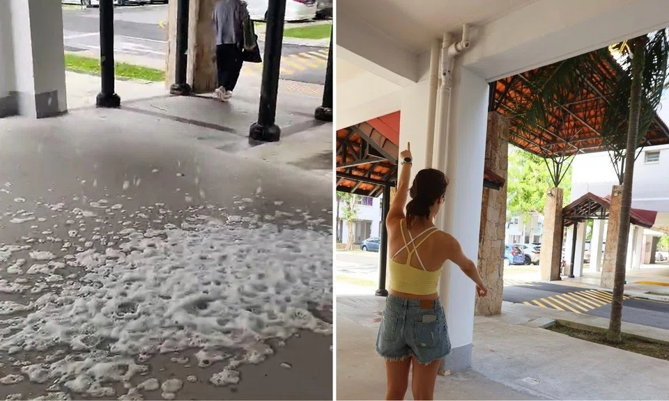 Left half shows the floor of a void deck covered in white soap foam. Right shows a woman in yellow pointing at where the foam emerges.