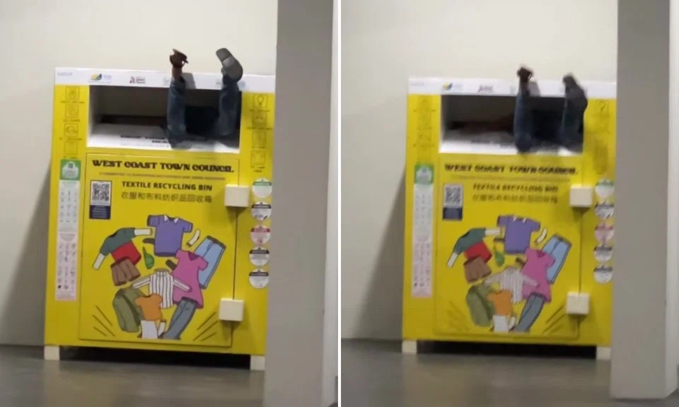 Man’s legs stick out of Jurong West recycling bin