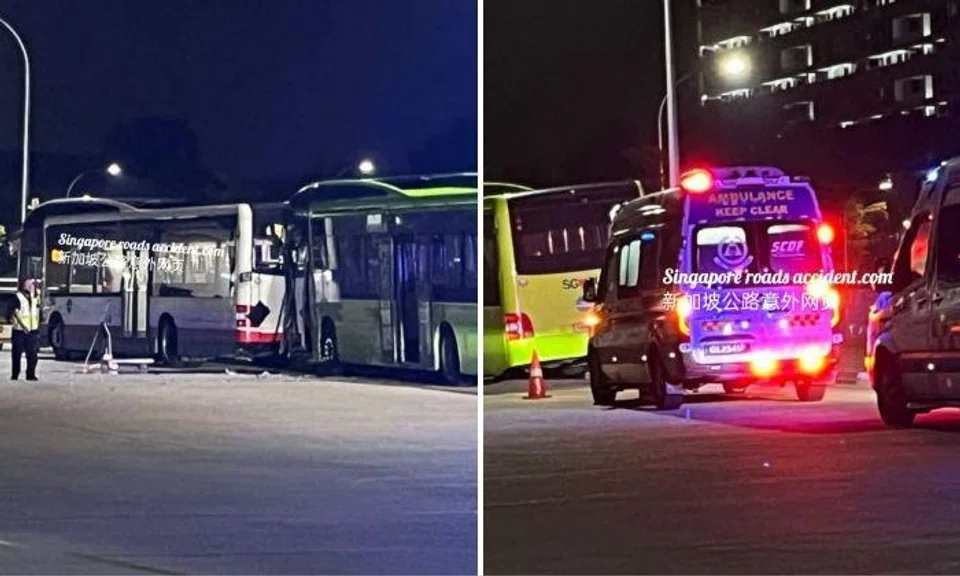 Photos of the incident’s aftermath posted on the Singapore Roads Accident.com Facebook page show the front of a green bus wedged against the rear end of a white bus.