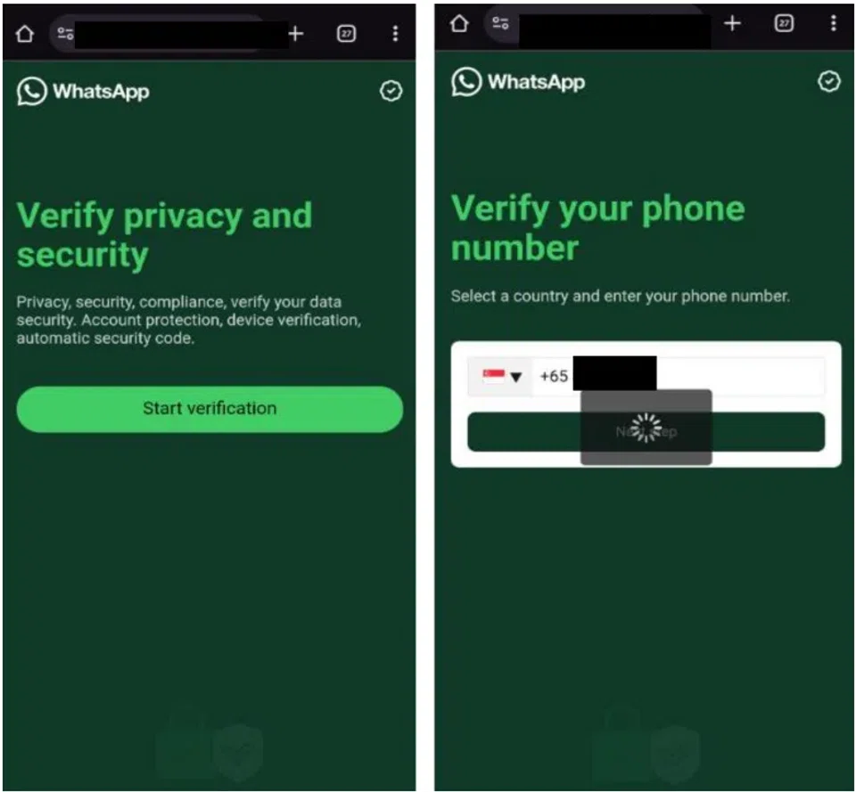 Victims would be prompted to verify their accounts through a phishing link that leads to a fake WhatsApp webpage. PHOTO: SINGAPORE POLICE FORCE