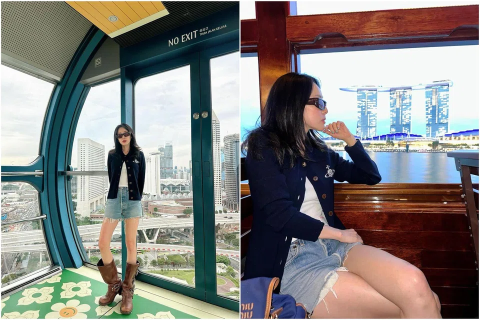 Dara inside a capsule of the Singapore Flyer and on a bumboat at Marina Bay.