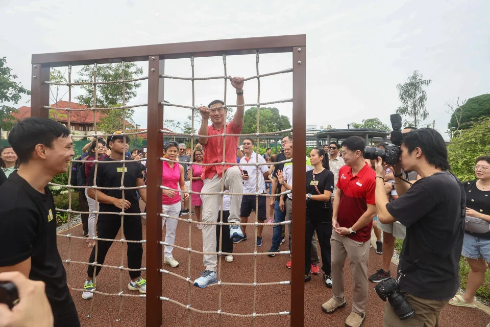 Health Minister and Sembawang GRC MP Ong Ye Kung at the launch of ActiveSG’s new outdoor obstacle course and water play area at the Bukit Canberra integrated sports and community hub on March 23.