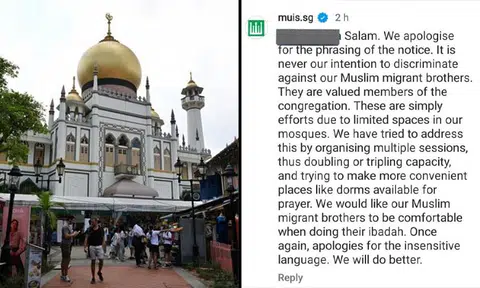 Muis apologises for 'phrasing' of notice asking migrant workers to pray at dorms instead of mosques