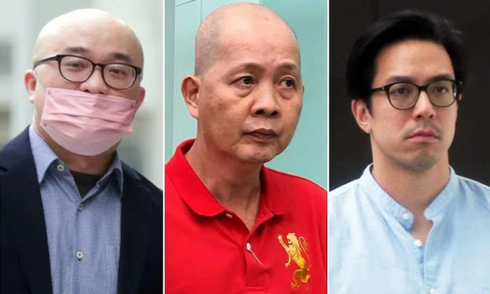 (From left) Chin Yann Cherng, Goh Thiam Chye and Darius Chia Zhilong were charged with voyeurism in court on July 12, 2023. ST PHOTOS: KELVIN CHNG
