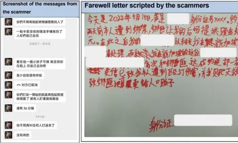 Screenshots of the messages from the scammer and the fake farewell letter.