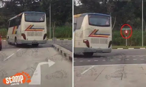 Private bus driver beats red light, then makes left turn from right-turn lane at Bukit Panjang