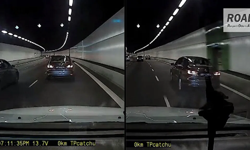 Reckless driver on KPE cuts lanes without signalling, hogs road, then makes last-minute turn