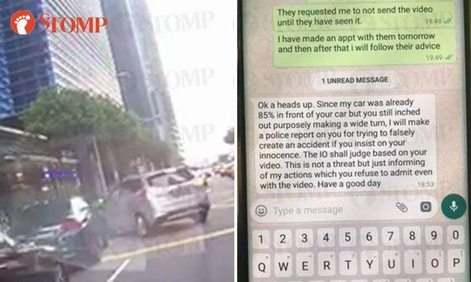 Driver makes illegal turn at MBFC, then accuses Stomper of "falsely creating accident"