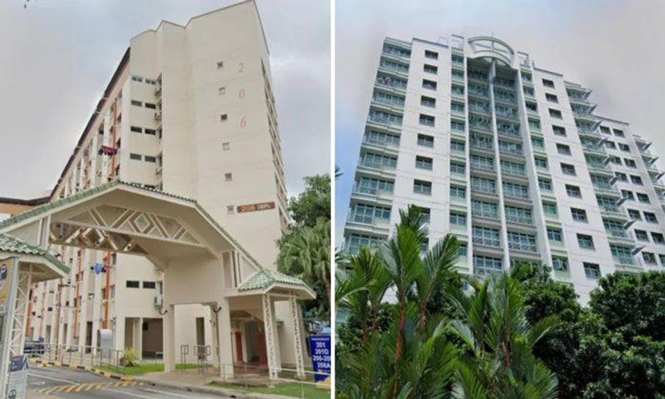 A woman was found at the void deck of Block 206 Tampines Street 21 and a man, believed to be the assailant, was found at Block 205A Punggol Field. PHOTOS: SCREENGRAB FROM GOOGLE MAPS