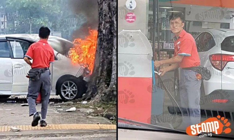 Brave Caltex staff member uses 2 extinguishers to battle blaze from car that crashed into tree at Lor Chuan