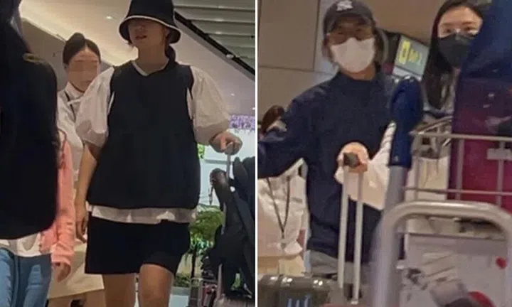 K-drama stars Park Shin-hye (left) and Bae Yong-joon were spotted at Changi Airport.