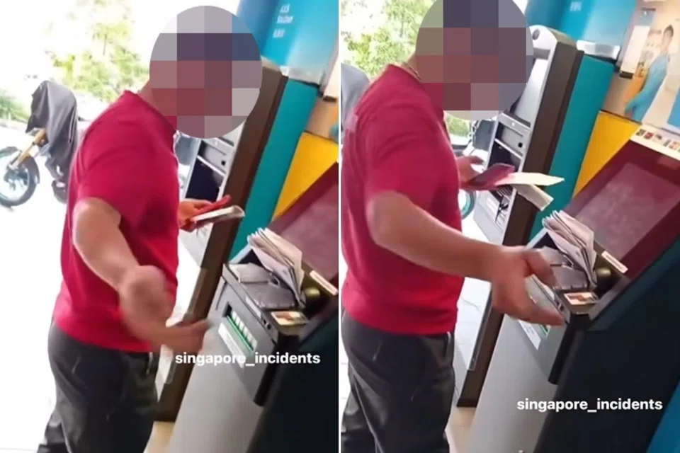 The man at the ATM with a stack of documents at the console.