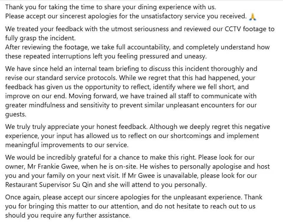 Restaurant apologises, rushing diners, rushed meal