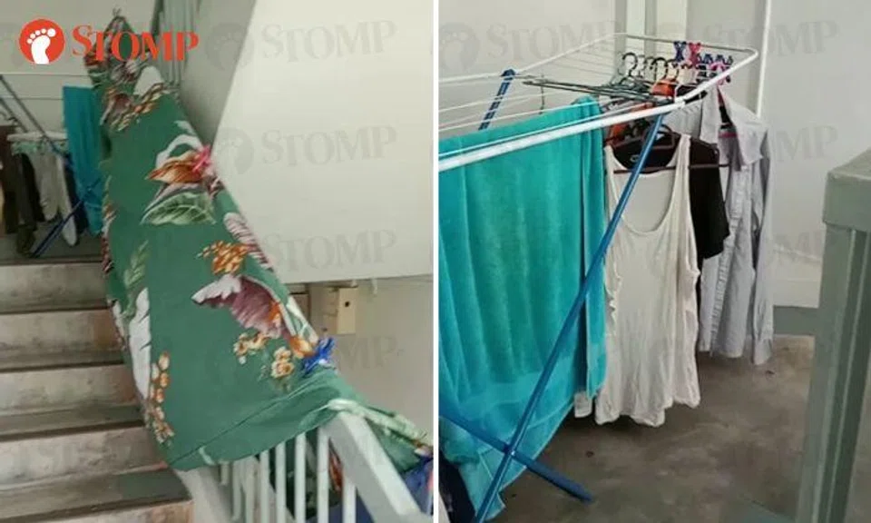 Clementi family turns HDB corridor and staircase into personal laundromat