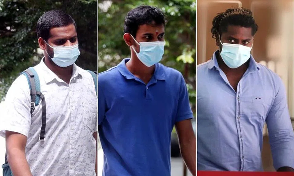 (From left) Ezhilarasan Nagarajan, Radhakrishnan Elavarasan and Balasubramaniyan Nivas each pleaded guilty to a charge of attempted theft. ST PHOTOS: KELVIN CHNG