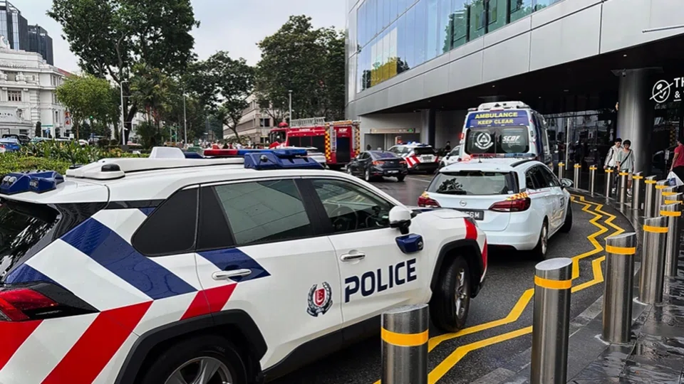A police car, an ambulance and an SCDF truck were seen at Raffles City. Another two SCDF vehicles were parked at the entrance.