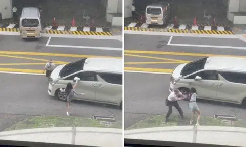 A one-minute video circulating on social media showed the man and the woman kicking and shouting at each other on the side of a road.