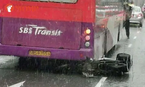 Motorcyclist crashes into rear of stationary bus at Lower Delta Road