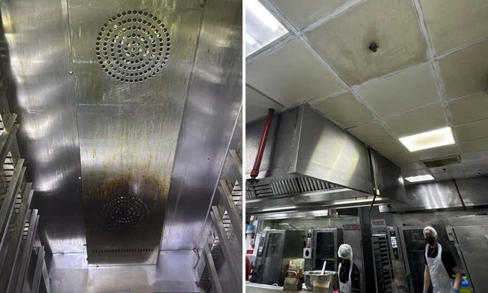 Food safety lapses identified during a joint inspection of Stamford Catering’s premises include a dirty food warmer (left) and dirty ceiling boards.