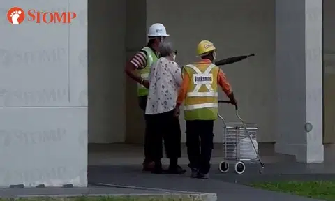 Kind workers help to walk elderly woman in Hougang, carry her trolley