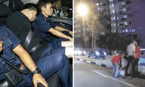 The driver of the Maserati, Lee Cheng Yan (left) together with police officers. Pedestrians gathered to help the injured TP after the accident (right). 