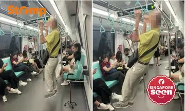Elderly man with walking stick does pull-ups on train