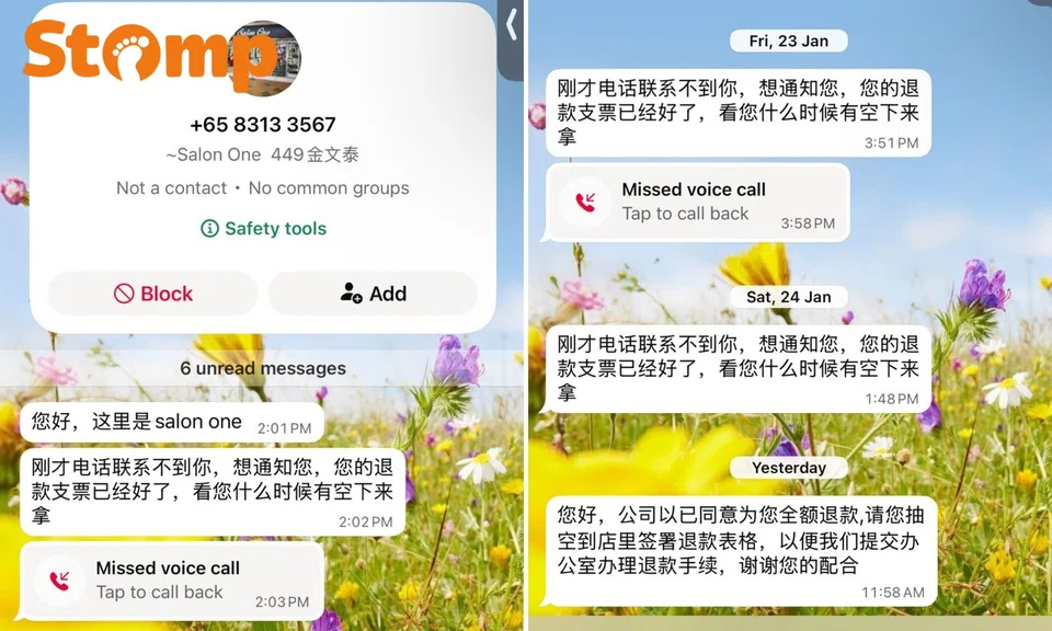 Messages from Salon One offering a full refund.