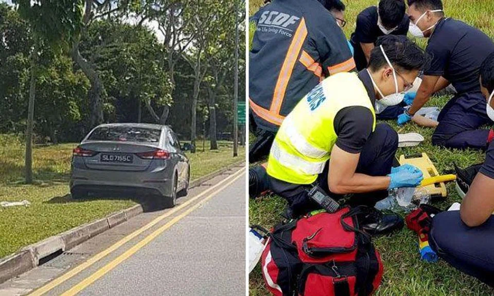 The grey car had mounted the kerb (left). Paramedics attending to the driver (right). PHOTOS: FACEBOOK/ ERMAN EUSOPE
