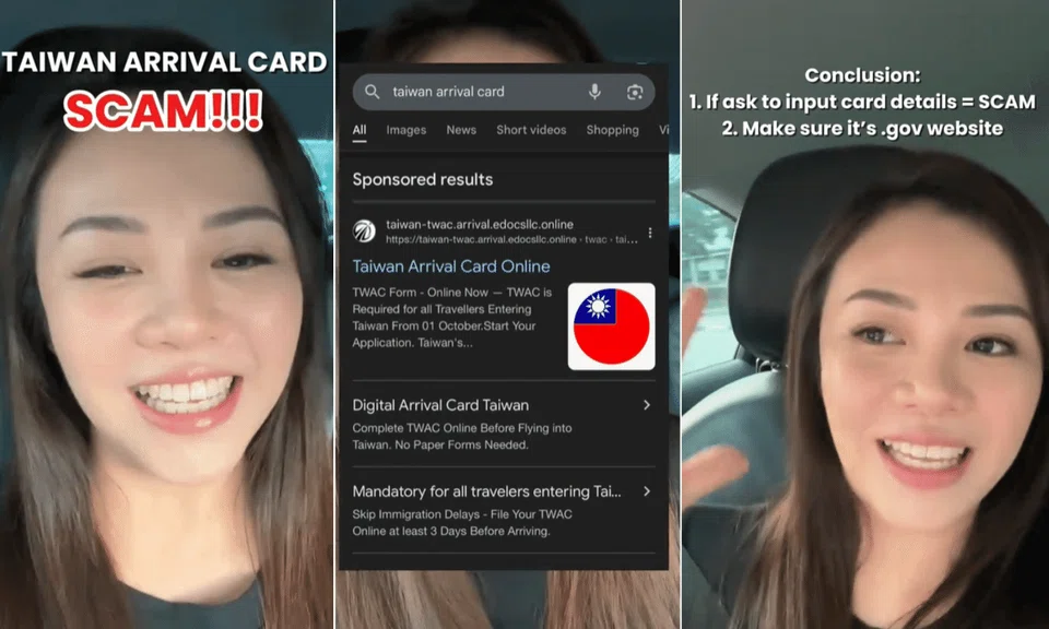 TikToker Athalie Tseng warned fellow travellers about a fake Taiwan Arrival Card website that scammed her friend of $80.