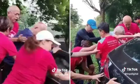 Retirees help elderly driver and passenger out of Hyundai in 4-car accident at Bishan-AMK Park