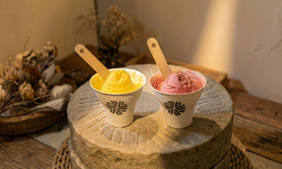 Gelato is churned live on-site, so diners can watch each batch made fresh.