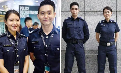 Left: The old police uniform. Right: The new police uniform. Photos: The Straits Times, Singapore Police Force